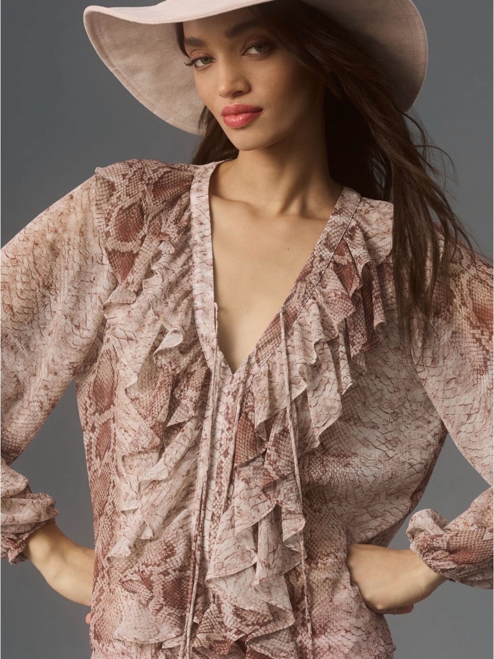 Anthropologie Blush Snake-Print Ruffle V-Neck Blouse